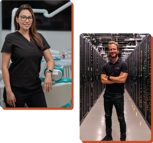 A female dentist & an IT guy standing