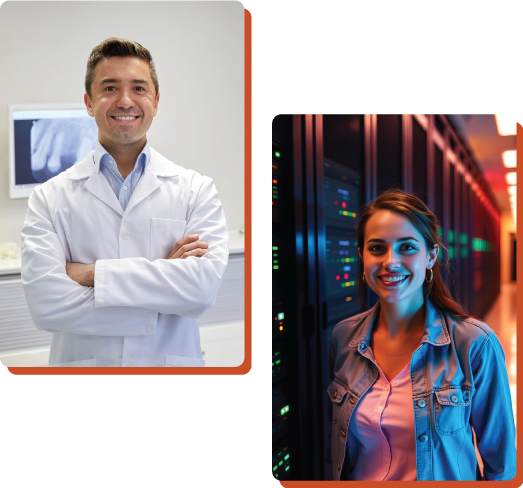 Dentist smiling and IT expert standing in data center
