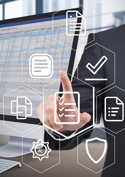 Digital icons representing monitoring, support and cybersecurity